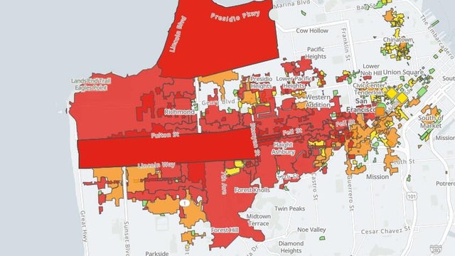 A map of San Francisco neighborhoods showing a power outage 
