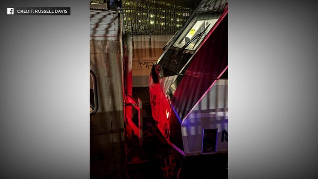 An apparent dent in an NJ Transit train after a collision 