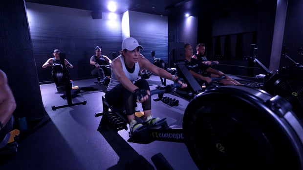 Cecilia Vega using a rowing machine 