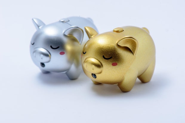 Gold and Silver Piggy Bank with White Background 