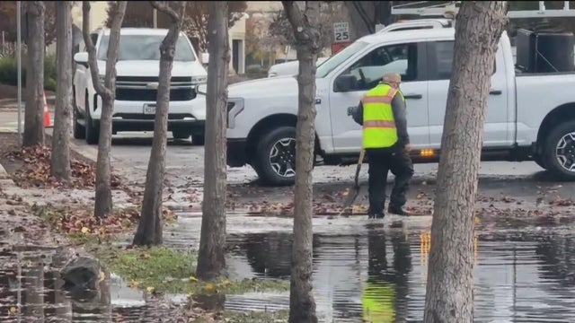 A person in a safety vest standing in water as he rakes leaves 