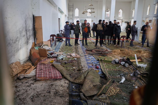 Syrian security forces inspect the damage after an explosion in the Imam Ali bin Abi Talib Mosque in Homs, Syria, Dec. 26, 2025. 