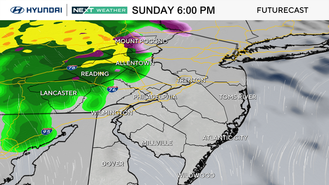 A weather map shows a rain system approaching the area from the west on Sunday at 6 p.m. 