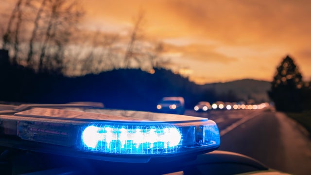 Blue flashing light on ambulance car of emergency medical service 