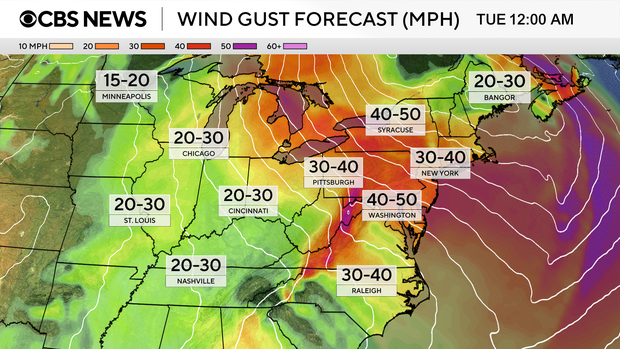 Map shows powerful wind gusts in the forecast for the Great Lakes and Northeast. 
