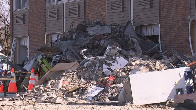 A huge pile of debris is at the site of the explosion in Bristol 