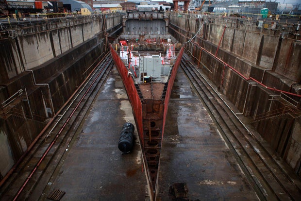 The remains of the SS Solon Turman are seen in Drydock 3 during the dismantling process at the Mare Island Drydocks in Vallejo, Calif., Wednesday, May 25, 2011. 