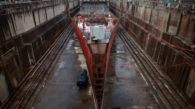 The remains of the SS Solon Turman are seen in Drydock 3 during the dismantling process at the Mare Island Drydocks in Vallejo, Calif., Wednesday, May 25, 2011. 