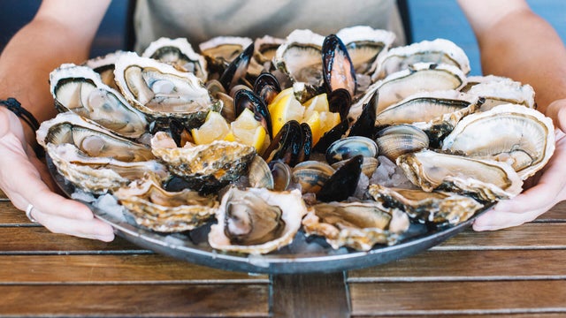 Seafood platter with oysters, clams and mussels. 