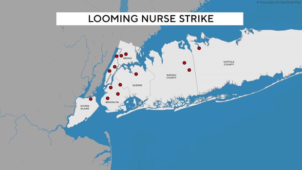 A map showing 15 hospitals that could be affected by a potential nurse strike
