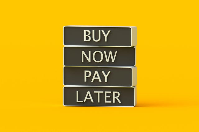 Buy now pay later words on blocks. Installment plan. Marketing idea. Best offer for buyers. Credit concept. Financial strategy. 3d render 