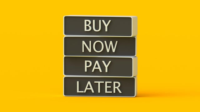 Buy now pay later words on blocks. Installment plan. Marketing idea. Best offer for buyers. Credit concept. Financial strategy. 3d render 