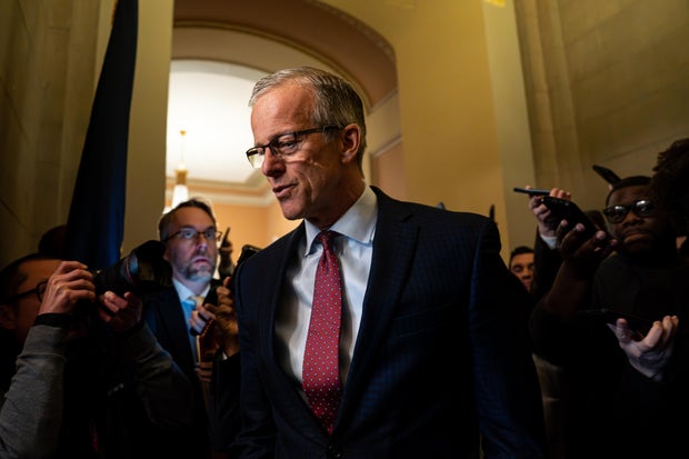 Senate Majority Leader John Thune, a South Dakota Republican, walks into his office at the U.S. Capitol in Washington, D.C., on Jan. 5, 2026. 