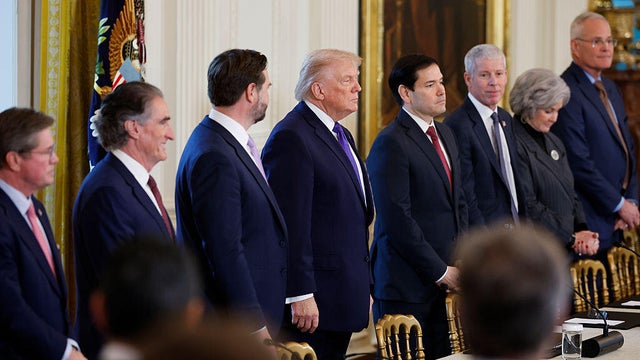 President Trump arrives for a meeting with oil and gas executives in the East Room of the White House in Washington, D.C., on Jan. 9, 2026, as Interior Secretary Doug Burgum, Vice President JD Vance and Secretary of State Marco Rubio look on. 