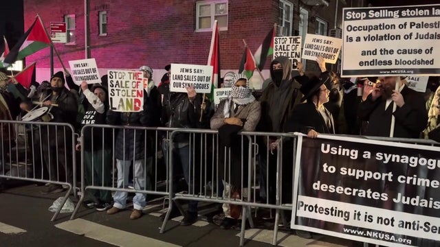 Pro-Palestinian demonstrators across the street from a Queens synagogue 