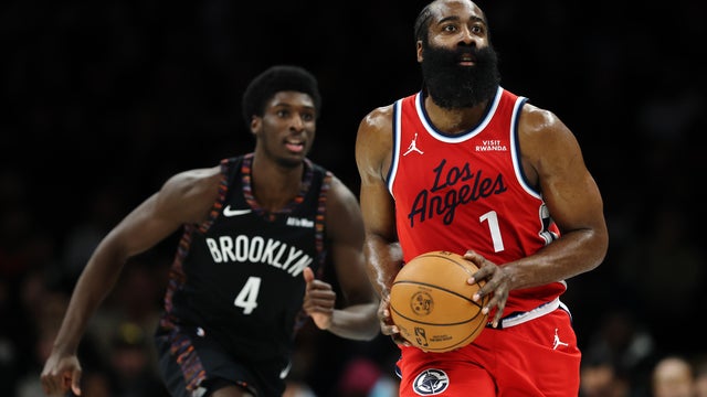 James Harden #1 of the LA Clippers dribbles as Drake Powell #4 of the Brooklyn Nets defends during the first half at Barclays Center on January 09, 2026 in the Brooklyn borough of New York City. 