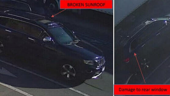 Two photos of a dark blue Jeep Grand Cherokee from surveillance video 