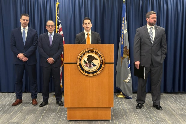 David Metcalf, U.S. attorney for the Eastern District of Pennsylvania, speaks during a news conference to announce charges in what prosecutors called a betting scheme to rig NCAA and Chinese Basketball Association games, Jan. 15, 2026, in Philadelphia. 