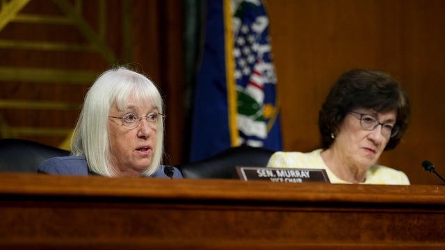 Sen. Patty Murray, a Democrat from Washington and ranking member of the Senate Appropriations Committee, left, and Sen. Susan Collins, a Republican from Maine and chair of the Senate Appropriations Committee, during a hearing on June 25, 2025. 