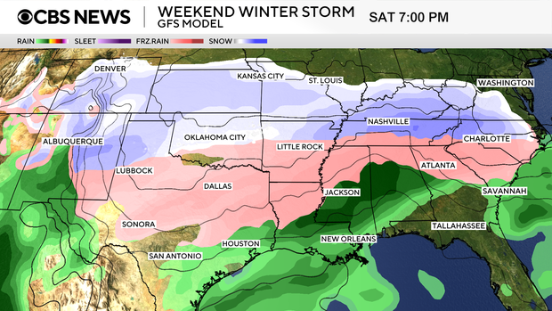 A map shows where freezing rain, rain, sleet and snow are forecast to fall during a winter storm Jan. 24, 2026. 