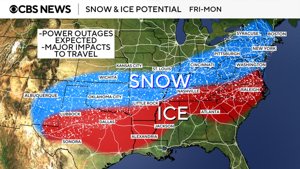 A map shows what places may see snow and ice from a winter storm that's forecast to start Jan. 23, 2026. 