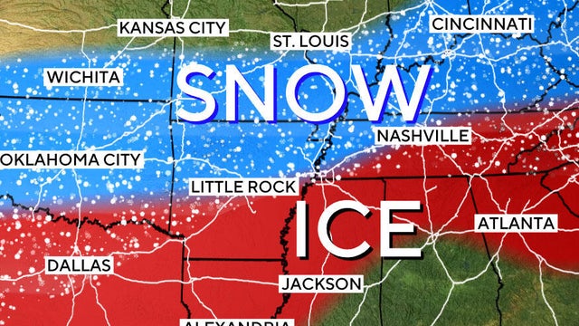 A map shows where a winter storm was forecast to cause snow and ice starting Jan. 24, 2026. 