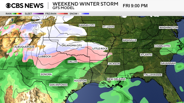 A map shows where freezing rain, rain, sleet and snow are forecast to fall during a winter storm Jan. 23, 2026. 