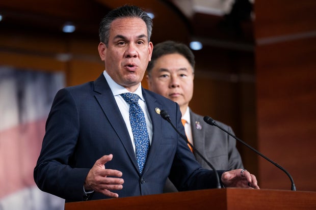 House Democratic Caucus Chair Pete Aguilar speaks alongside the Caucus Vice Chair Ted Lieu during a press conference on Capitol Hill on Nov. 18, 2025. 