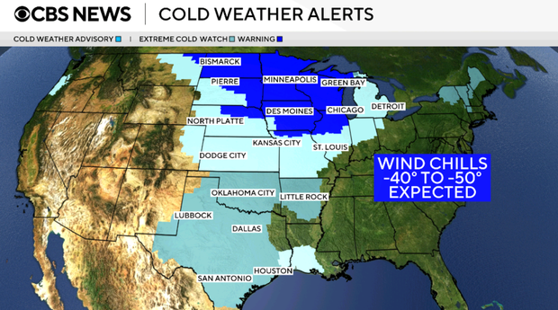Un mapa muestra dónde se han emitido alertas de clima frío en el Medio Oeste y las Llanuras. 