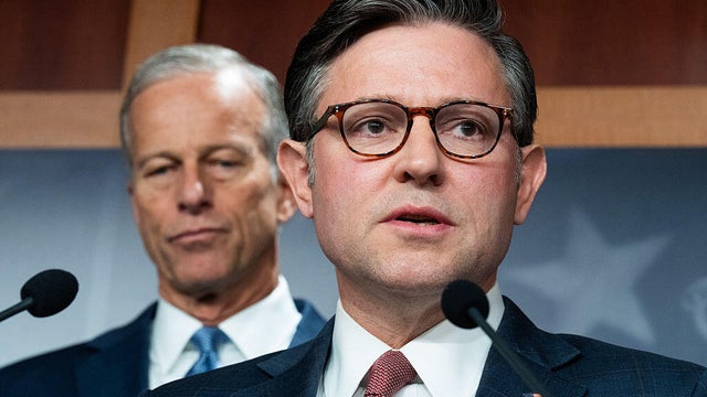 Speaker of the House Mike Johnson and Senate Majority Leader John Thune conduct a news conference on the government shutdown in the U.S. Capitol on Friday, October 10, 2025. 
