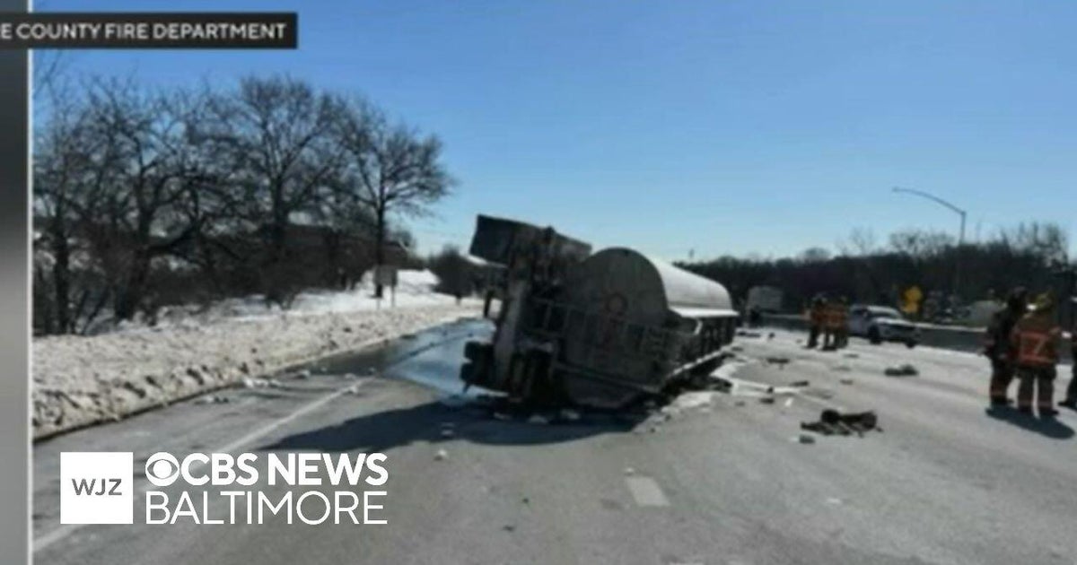Parts of I-695 closed for hours after tanker truck overturns, spills ...