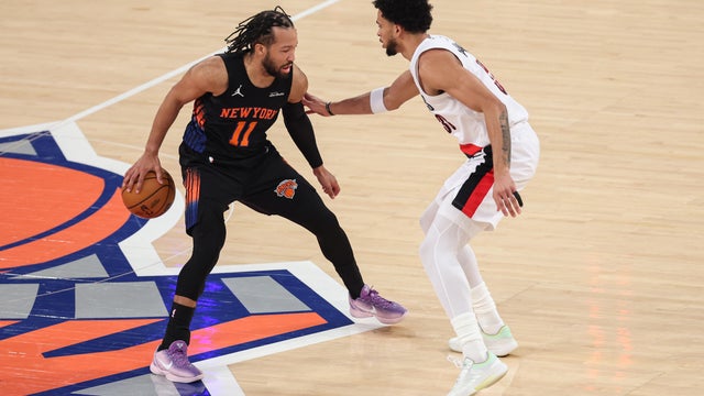 Jalen Brunson #11 of the New York Knicks dribbles the ball during the first quarter against the Portland Trail Blazers at Madison Square Garden on January 30, 2026 in New York City. 