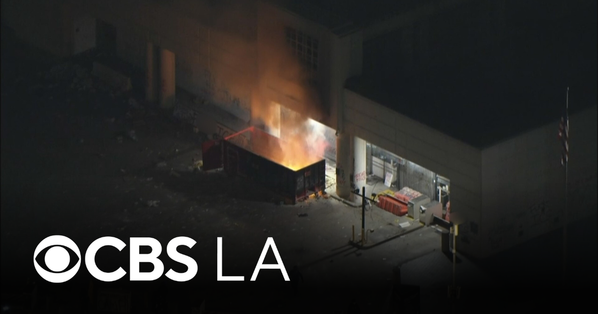 Small group lights dumpster fire outside federal building in downtown LA
