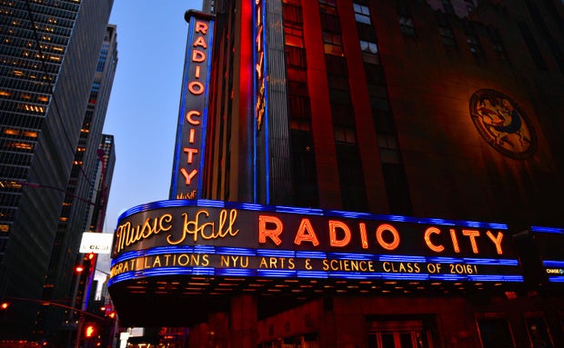 20.05.2016.  New York USA, urban classic building, colors and neon lights of Radio City Music Hall in Manhattan 