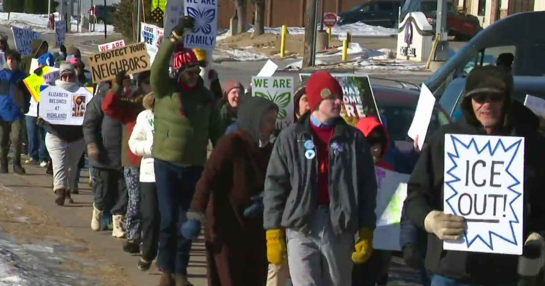 Protesters gather outside Liam Ramos’ elementary school after he was taken by ICE: “Justice for the kid in the bunny hat”