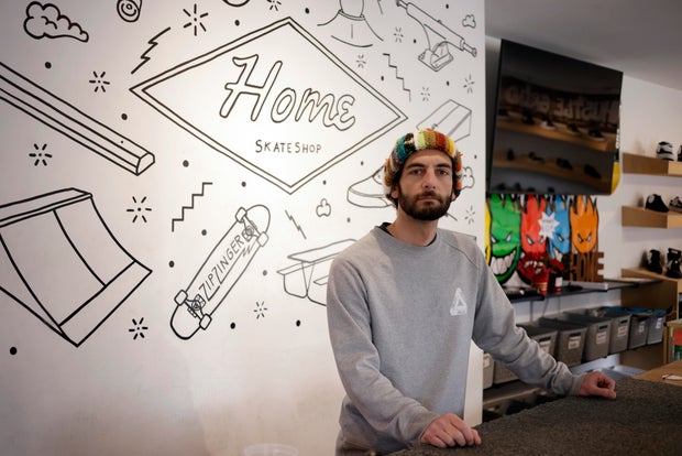 Noah Hulsman at his skate shop in Louisville, Kentucky 