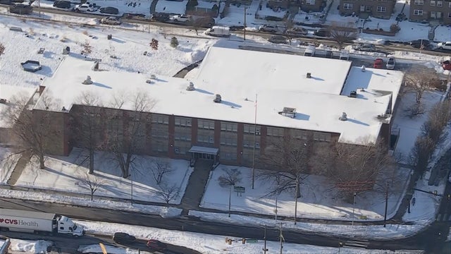 Overhead shot of a school, still covered in snow, that was closed because of cold temps on Monday 