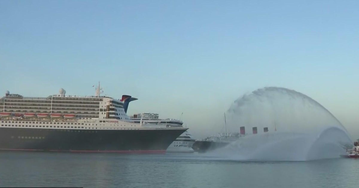Queen Mary 2 makes a rare West Coast visit to the Queen Mary in Long Beach