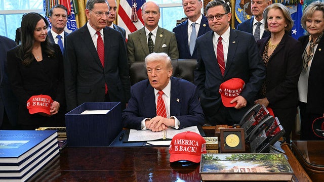 President Trump speaks to the press before signing a funding bill in the Oval Office of the White House in Washington, D.C., on Feb. 3, 2026. 