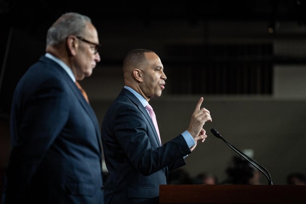 House Democratic Leader Hakeem Jeffries and Senate Minority Leader Chuck Schumer hold a news conference on Jan. 8, 2026. 