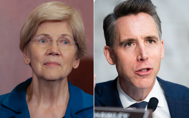 File photos of Sen. Elizabeth Warren and Sen. Josh Hawley 