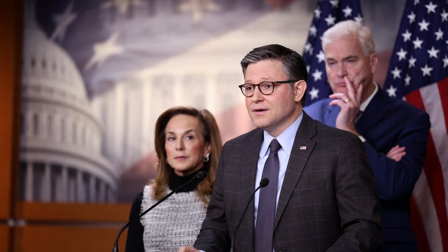 Speaker of the House Mike Johnson, joined by House Republican Conference Chair Rep. Lisa McClain and House Majority Whip Tom Emmer, speaks at a press conference at the U.S. Capitol on Feb. 10, 2026. 