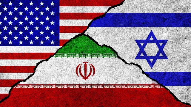 USA, Iran and Israel flag together 