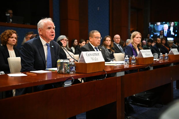 Gov. Tim Walz of Minnesota, Minnesota Attorney General Keith Ellison, and Rev. Mariah Tollgaard attend a House Oversight and Reform Committee hearing in Washington, D.C., on March 4, 2026.