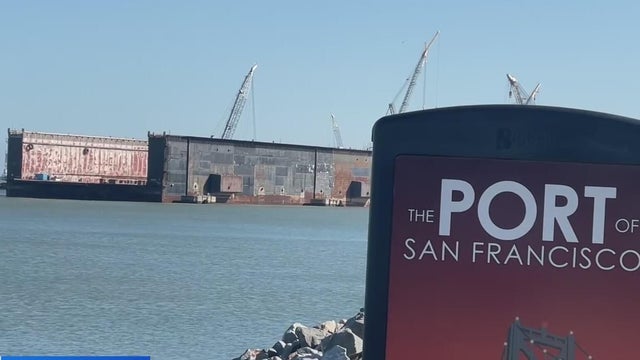 Dry docks seen behind a sign that reads Port of San Francisco 