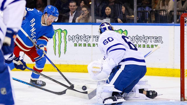 Alexis Lafreniere #13 of the New York Rangers takes a shot on goal during the second period of the National Hockey League game between the Toronto Maple Leafs and the New York Rangers on March 5, 2026 at Madison Square Garden in New York, NY. 