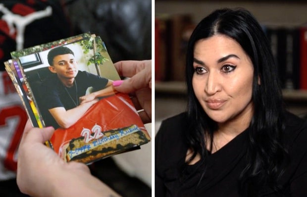 Rachel Reyes with photos of her son, Ruben Ray Martinez 