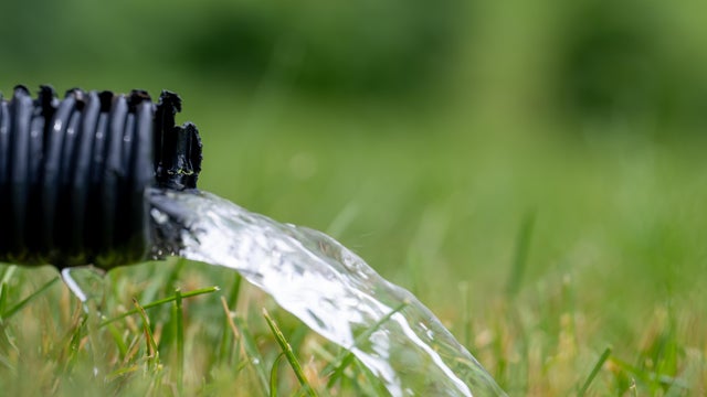 Residential sump pump drain line discharging water into grass yard after a rainstorm 