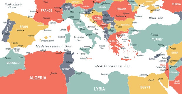 Mediterranean Sea Region Map. Vector colored map of Mediterranean Sea Region 