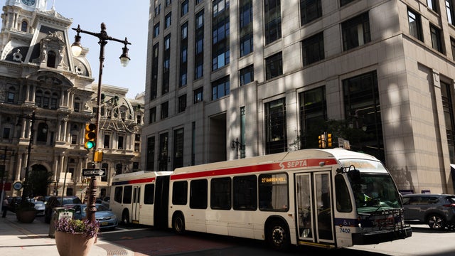 A bus drives near City Hall in Philadelphia 